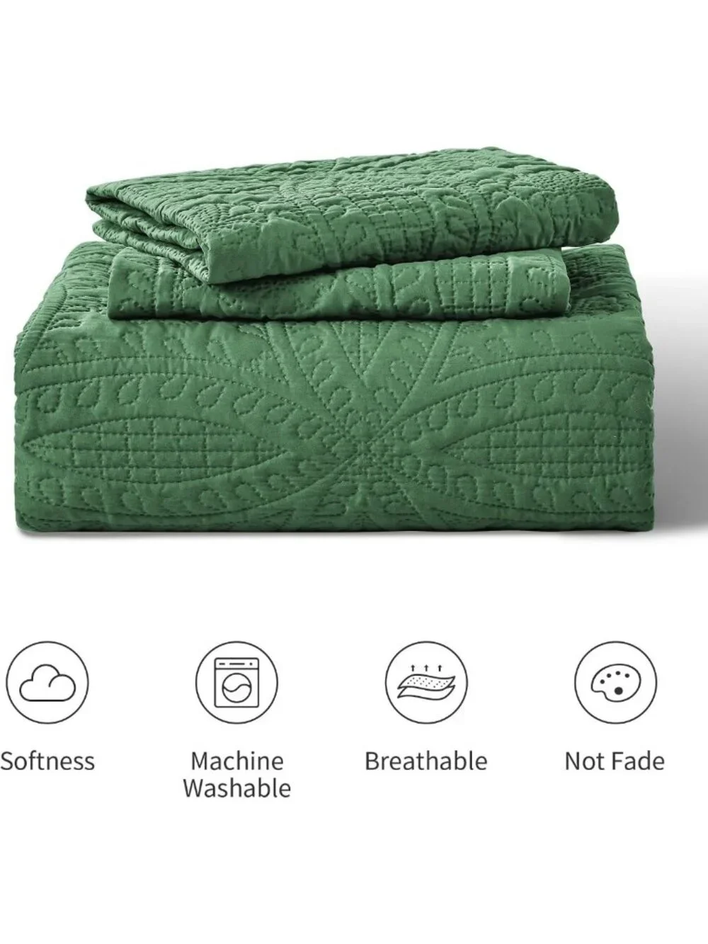 Dark Green Queen Bedspread Set - Soft Lightweight Quilt & 2 Pillow Shams